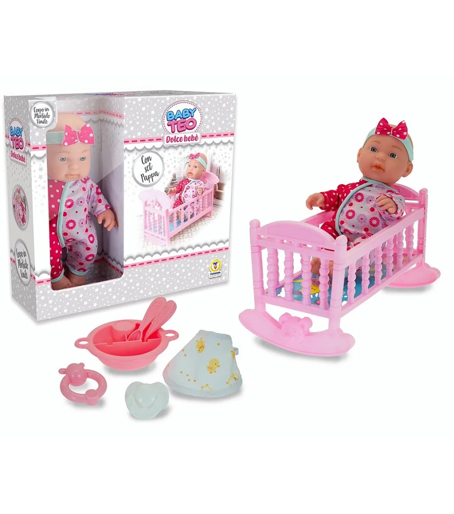 Baby Teo - Play Set Bambolotto Vinile con Culla 25 Cm