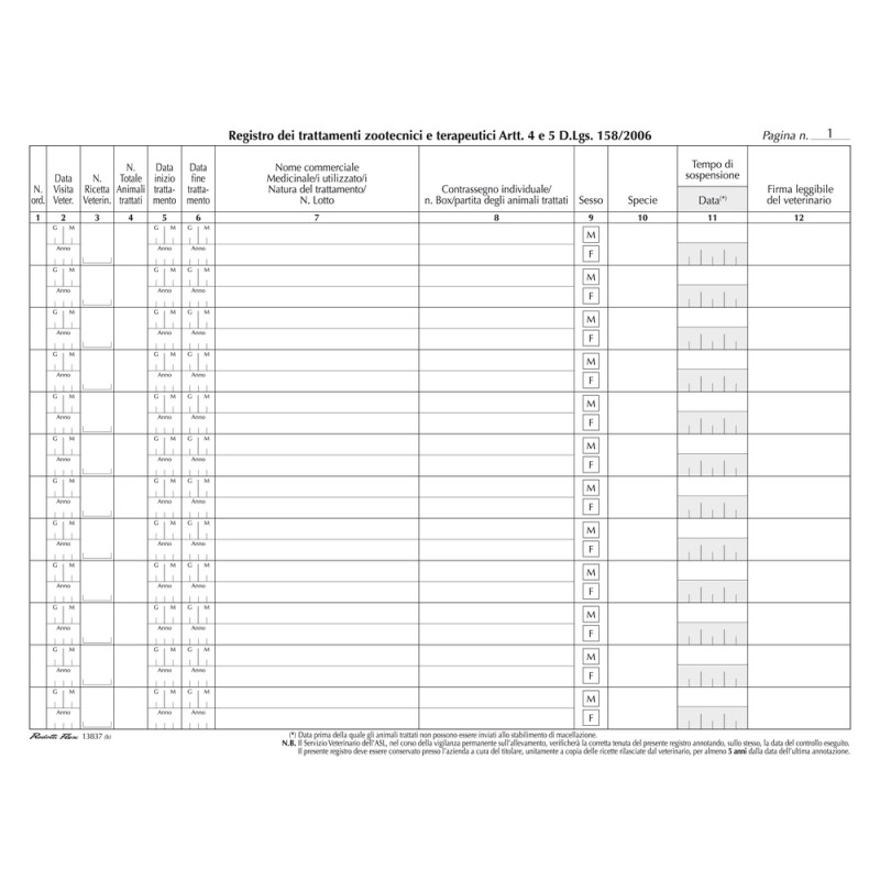 REGISTRO SOMMINISTRAZIONE MEDICINALI TERAPEUTICI/ ZOOTECNICI