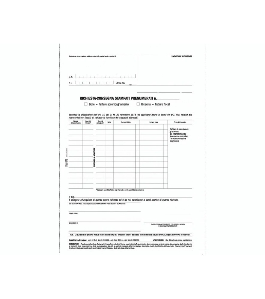 Modulo Richiesta Consegna Stampati Fiscali Prenumerati 210 x
